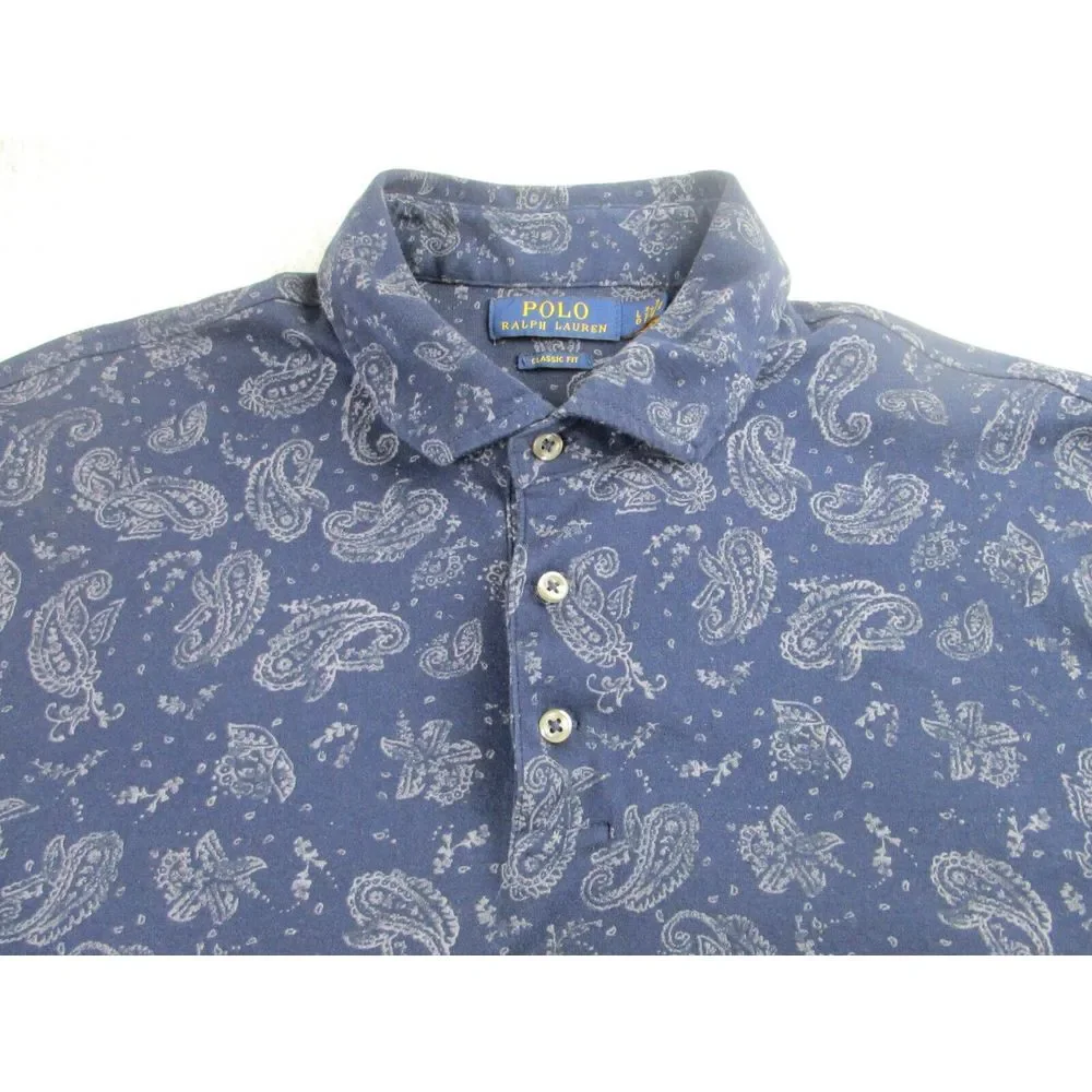 Ralph Lauren Polo Shirt Mens L Classic Fit Blue‎ Paisley AOP Short Sleeve Golf